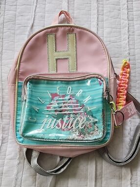 Justice Pink Mini Backpack with Teal Front Pocket and Silver H Patch